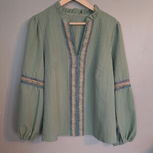 Ruffle Collar Green Blouse with Embroidered Details